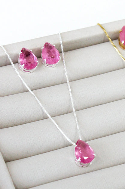 Kit Colar e Brinco Gota Fusion - Rosa - Banho de Prata 925