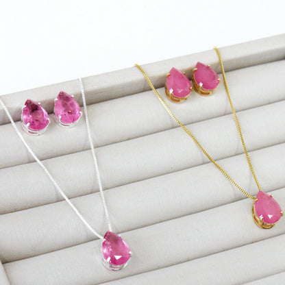 Kit Colar e Brinco Gota Fusion - Rosa - Banho de Prata 925