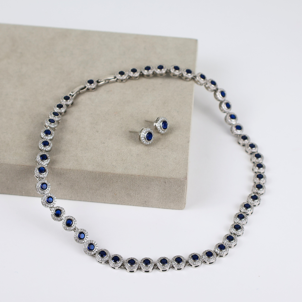 Kit Brinco e Colar - Ródio Branco - Cristal Azul - Semijoia