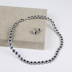 Kit Brinco e Colar - Ródio Branco - Cristal Azul - Semijoia