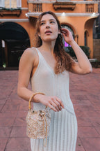 Bolsa Festa Clutch Pouch Pedraria Bege