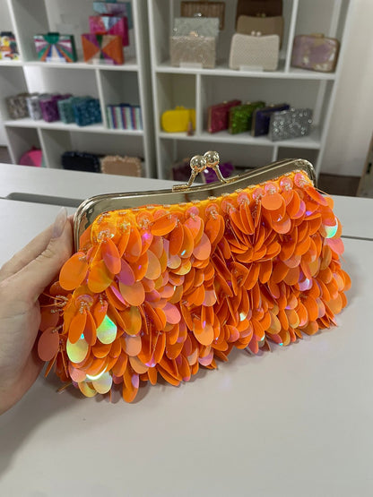 Bolsa de Festa Clutch Lantejoula Folha Brilhante Laranja