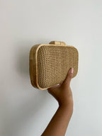 Bolsa de Festa Clutch Madeira e Palha Bege