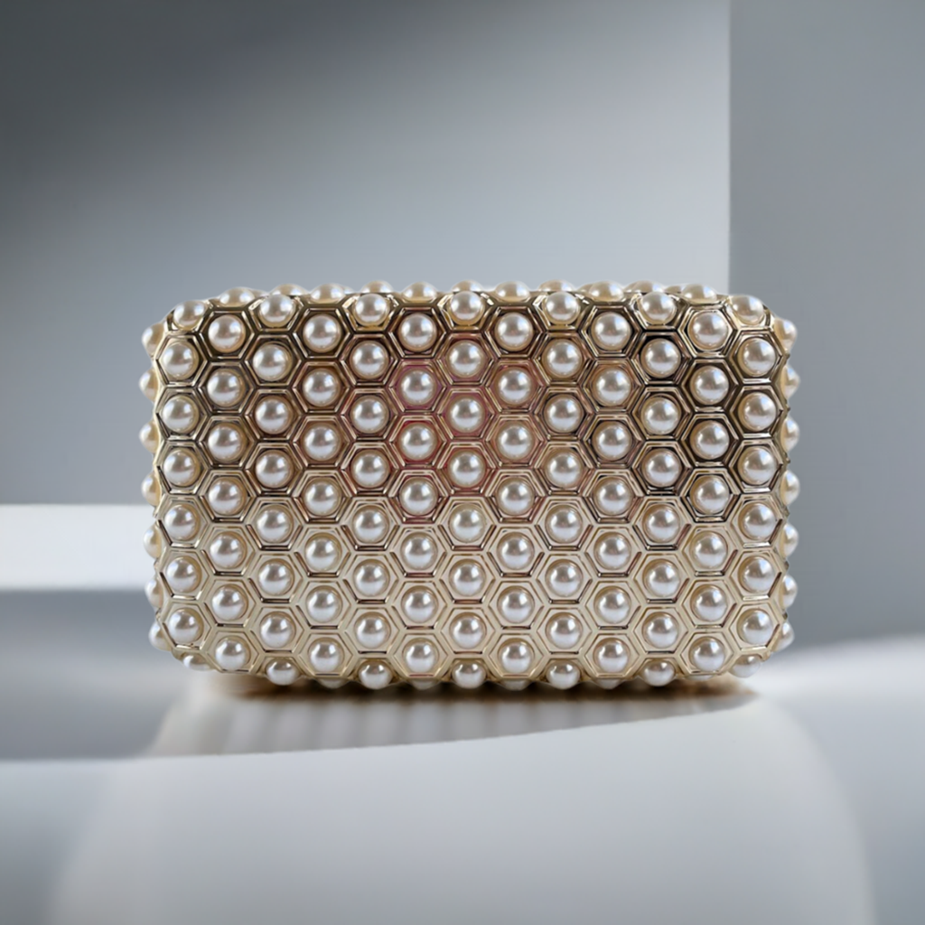 Bolsa de Festa Clutch Acrílico Dourado e Perolas
