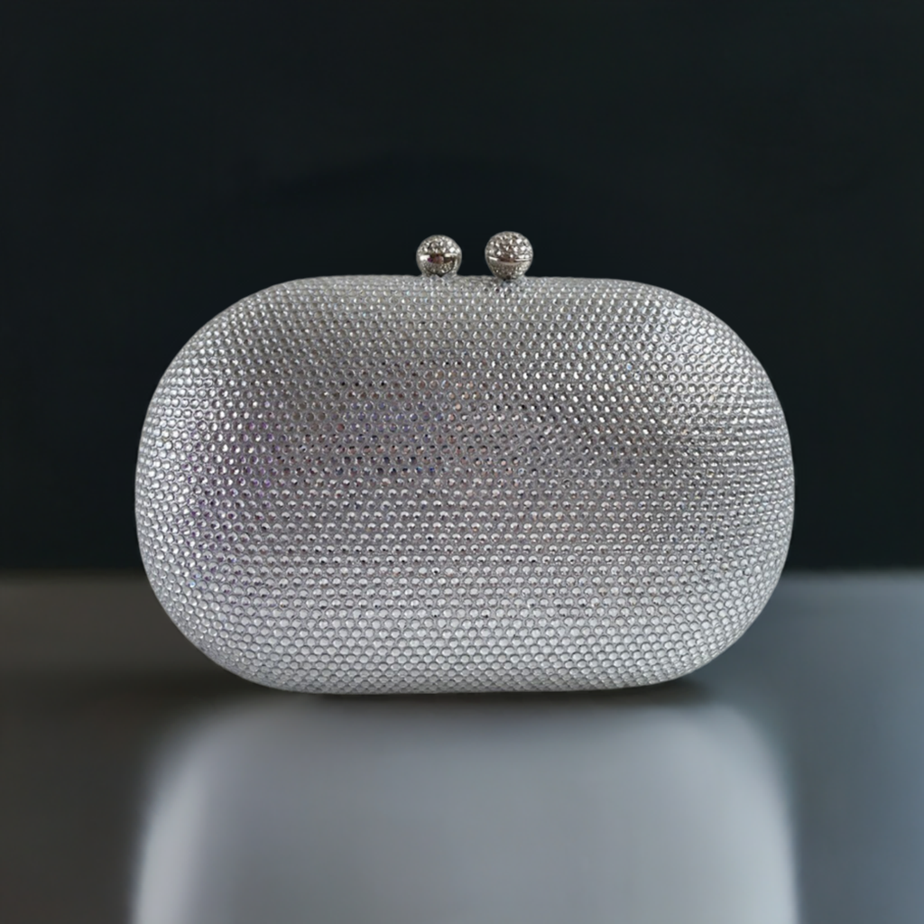 Bolsa Festa Clutch Pedraria Strass Oval Prata