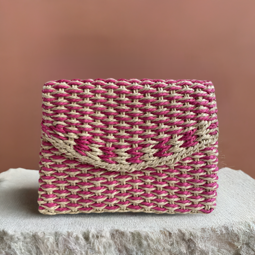 Bolsa Carteira Envelope de Palha Rosa