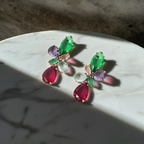 Brinco Dourado e Cristal Verde e Rosa - Semijoia