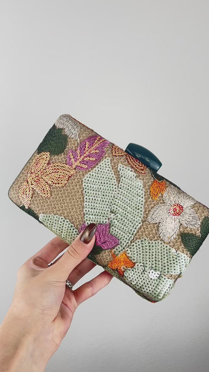 Bolsa Clutch Festa Bordada Flores Verde