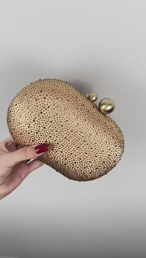 Bolsa Festa Clutch Pedraria Strass Oval Dourada