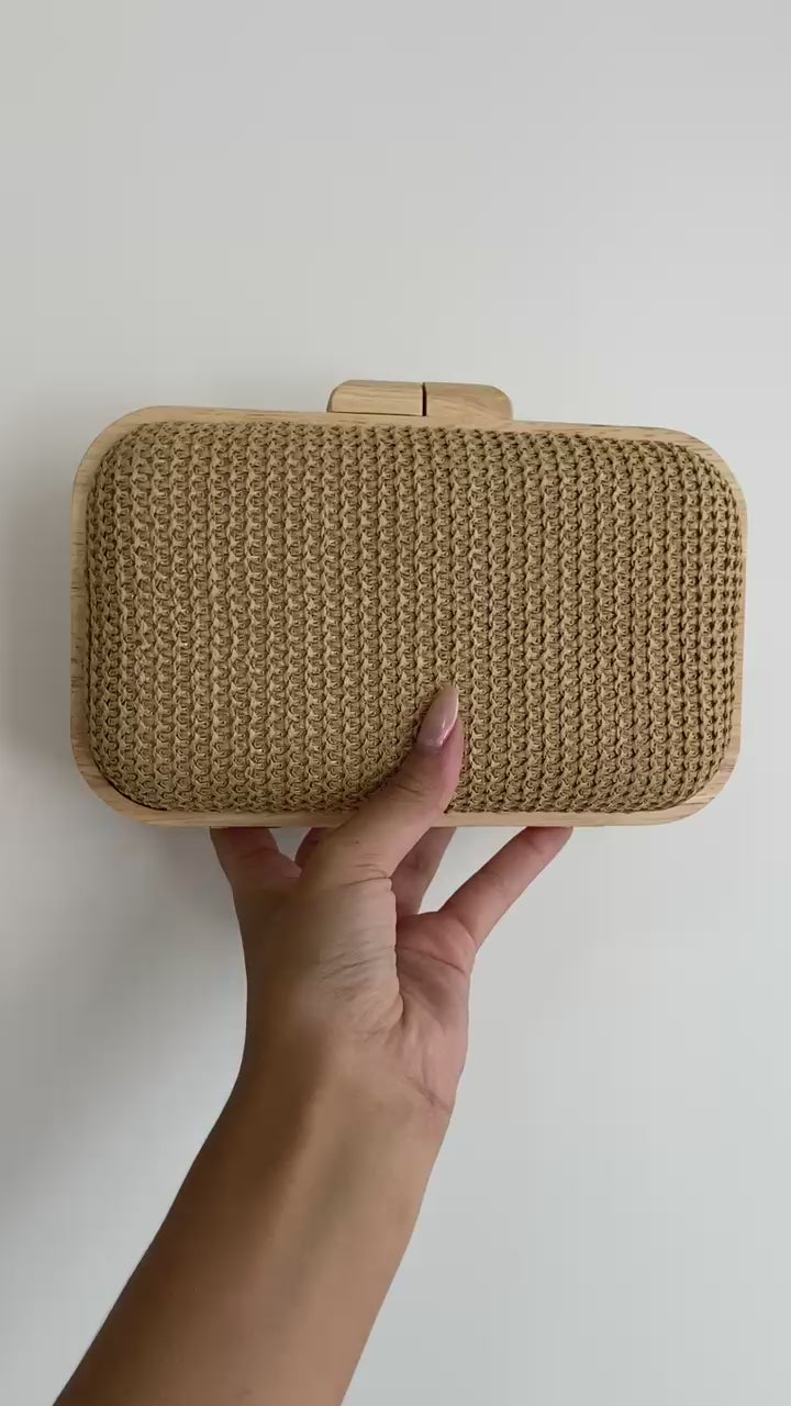 Bolsa de Festa Clutch Madeira e Palha Bege
