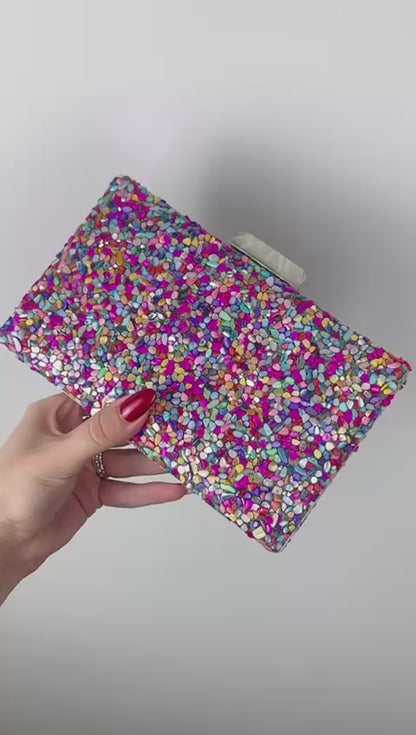 Bolsa de Festa Clutch Pedraria Colorida - Metal Prata