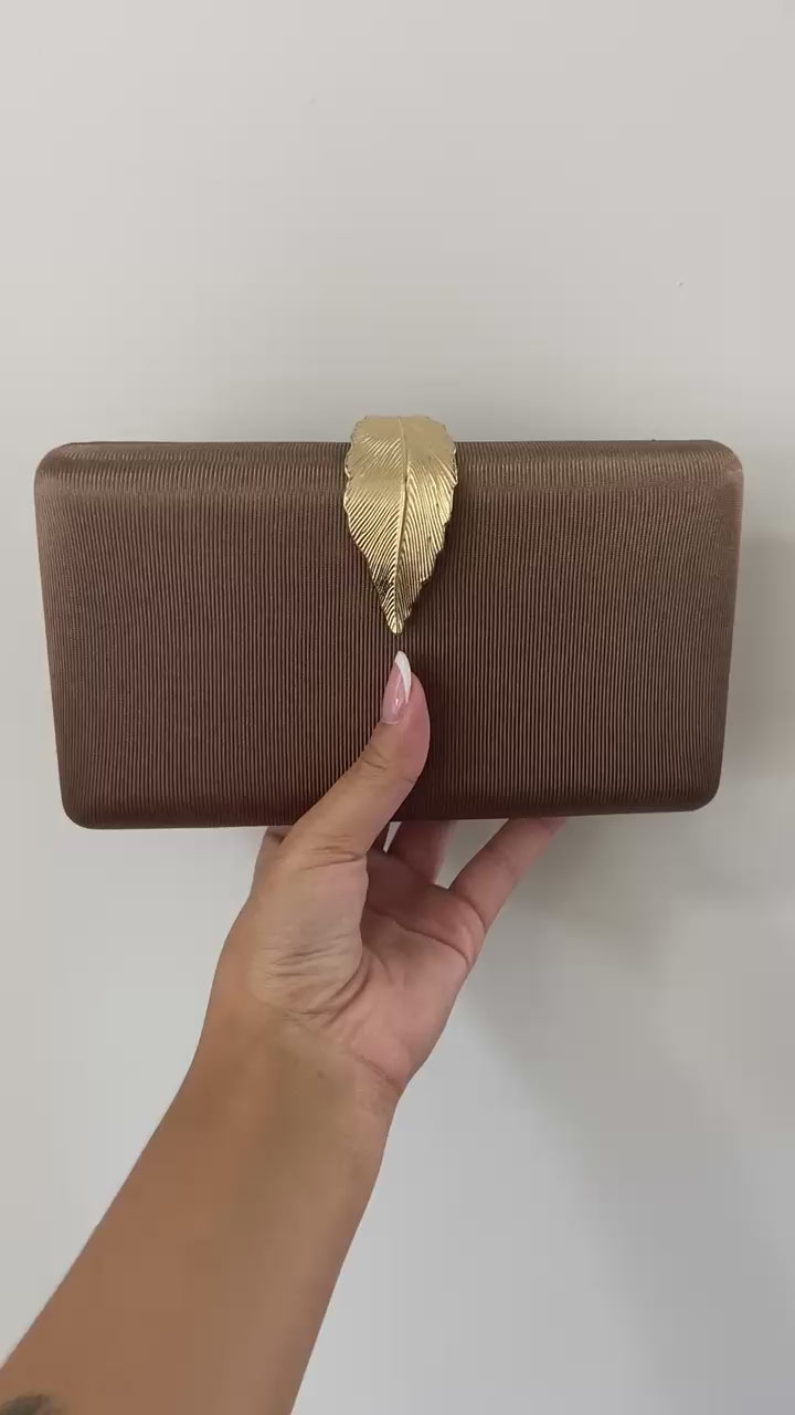 Bolsa Clutch Festa Tecido Fecho de Folha Marrom - ReUse