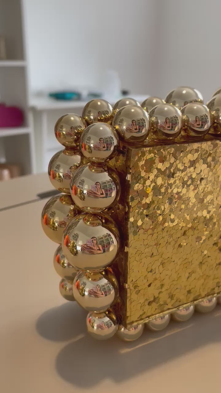 Bolsa de Festa Clutch Acrílico Bolas Brilhantes Dourada - ReUse