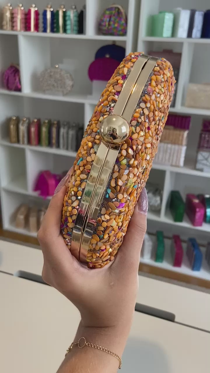 Bolsa Festa Clutch Pedraria Laranja Oval