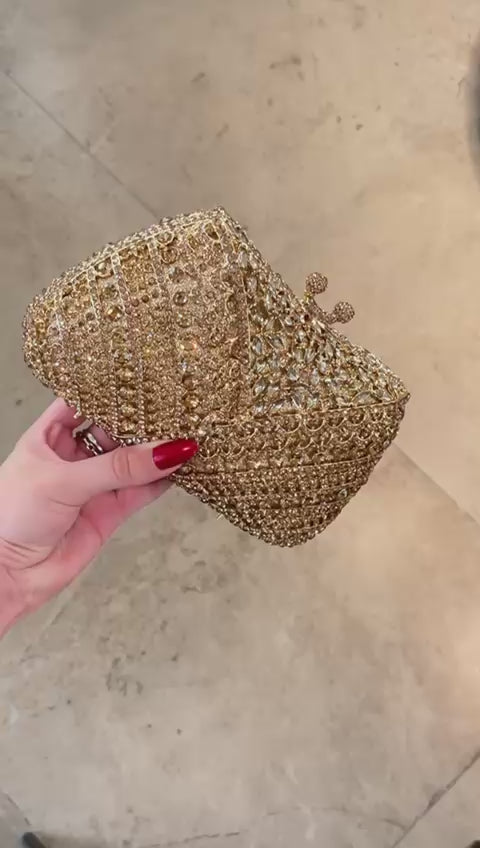 Bolsa Festa Clutch Pedraria Strass Dourada