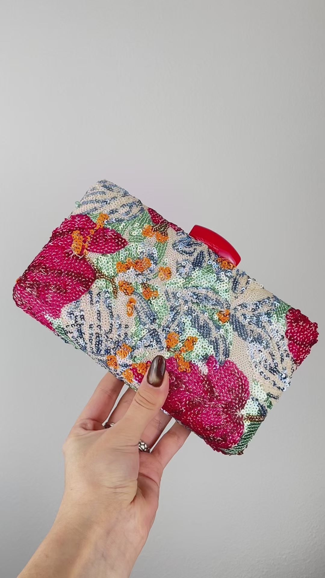 Bolsa Clutch Festa Lantejoulas Bordadas Flores Rosa