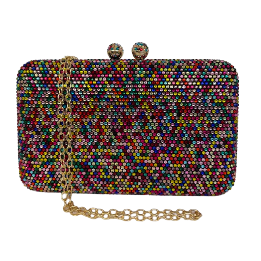 Bolsa de Festa Clutch Pedraria Strass Colorida Retangular