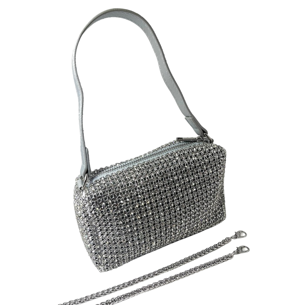 Bolsa de Mão e Tiracolo Strass Prata