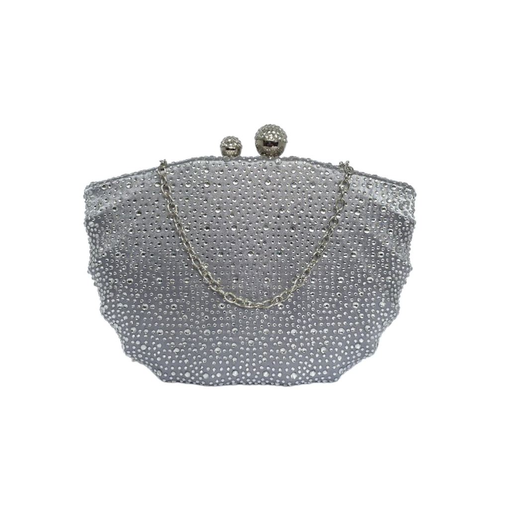 Bolsa de Festa Clutch em Cetim e Cristais Concha Prata