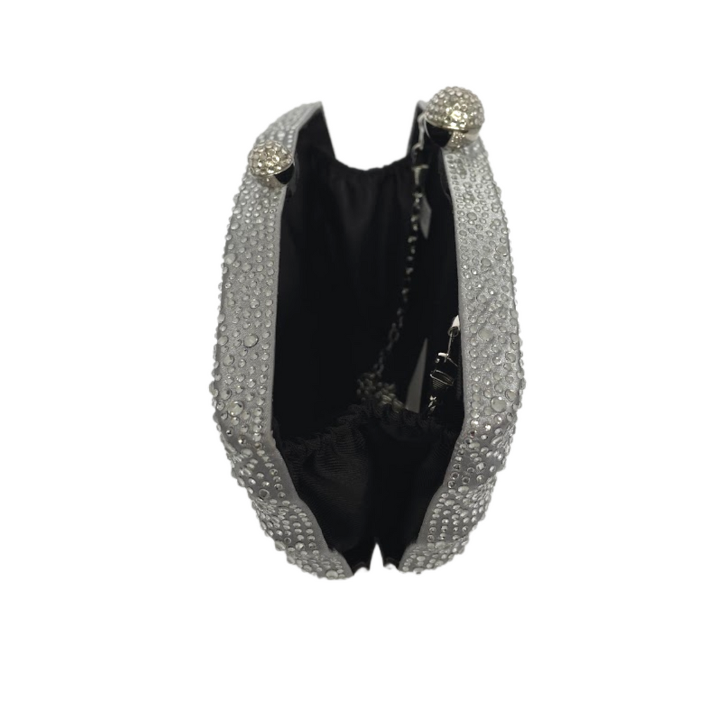 Bolsa de Festa Clutch em Cetim e Cristais Concha Prata