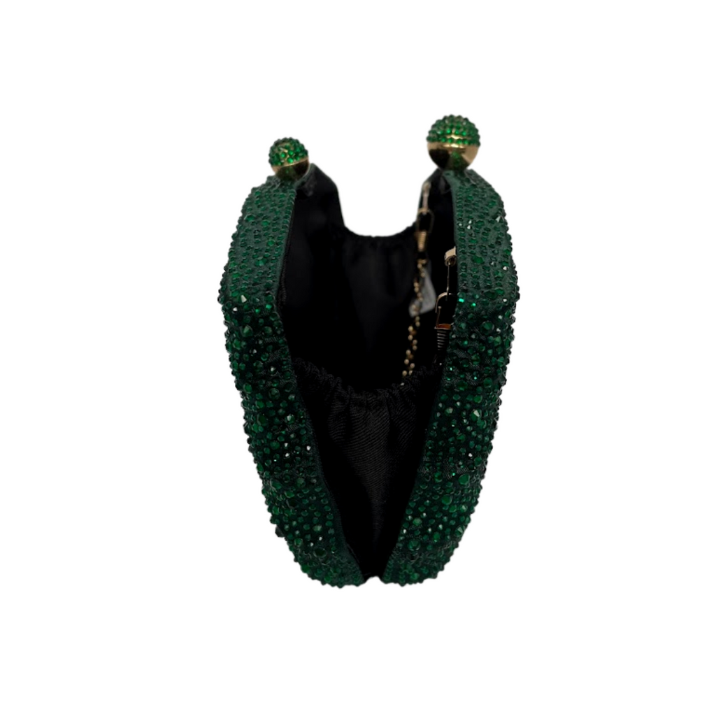 Bolsa de Festa Clutch em Cetim e Cristais Concha Verde